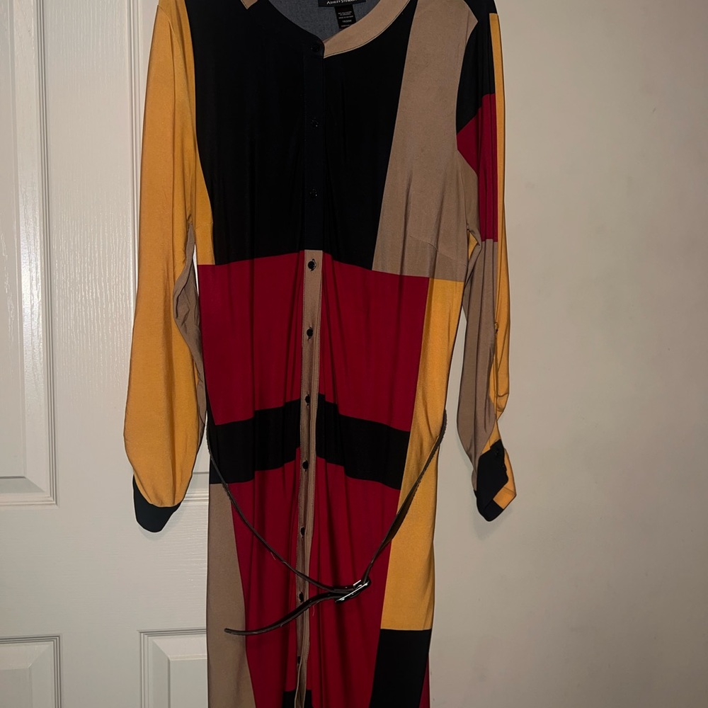 Ashley Stewart Red and Black Asymmetrical Bishop Sleeve Dress